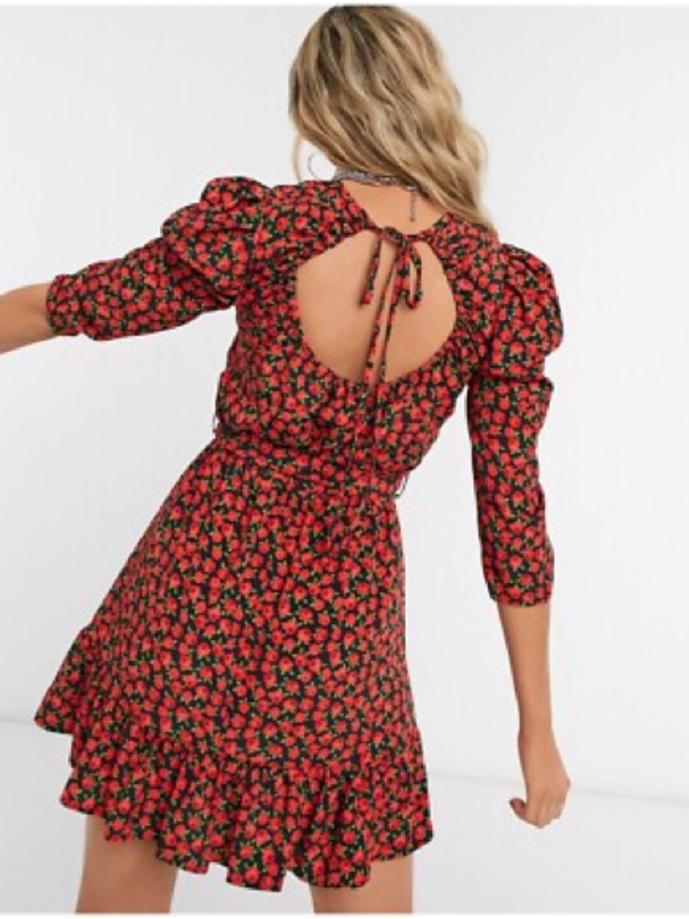 Topshop Red Floral Puff Sleeve Tie-Back Mini Dress